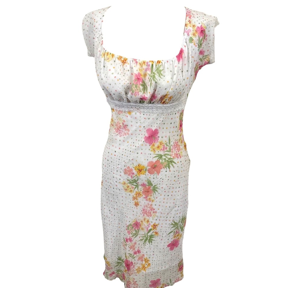 Vtg 90s Jody California Floral Polka Dot Milkmaid Midi Dress Lace Trim White M